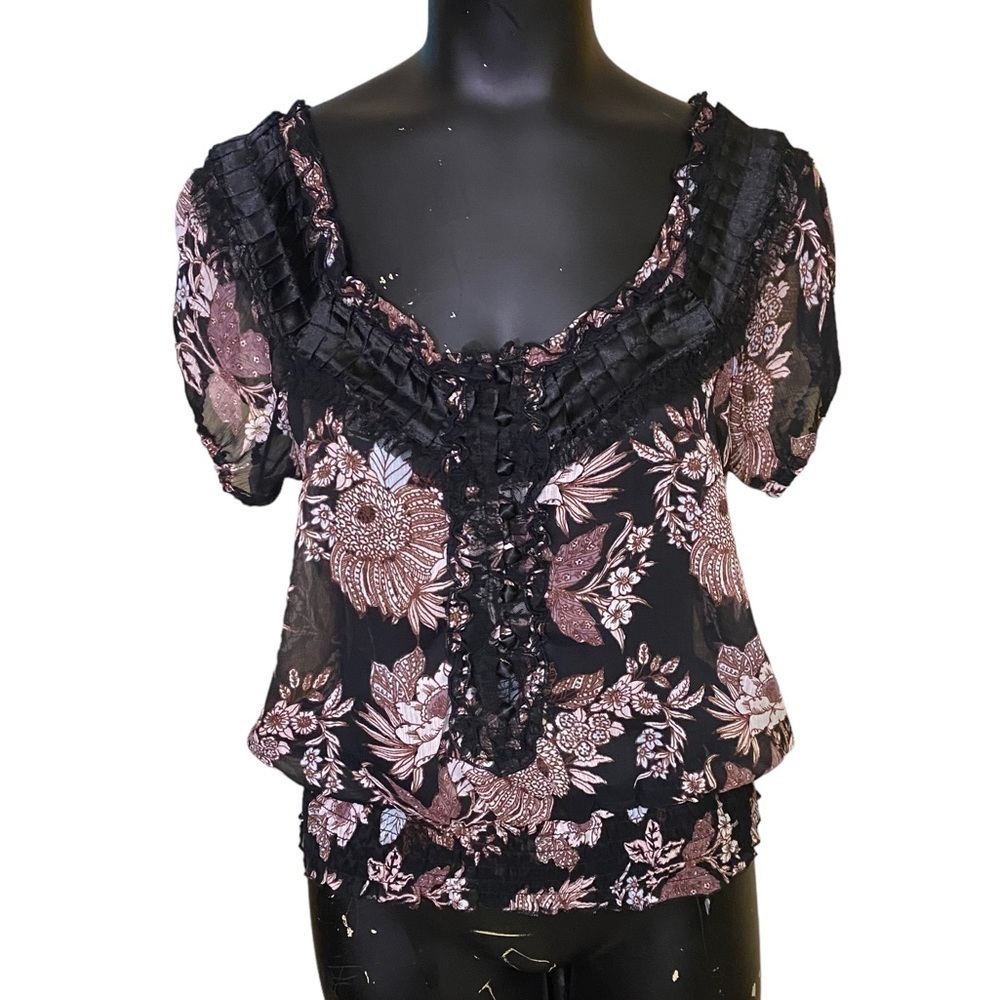 American Rag Floral Print Chiffon Top Black Rose